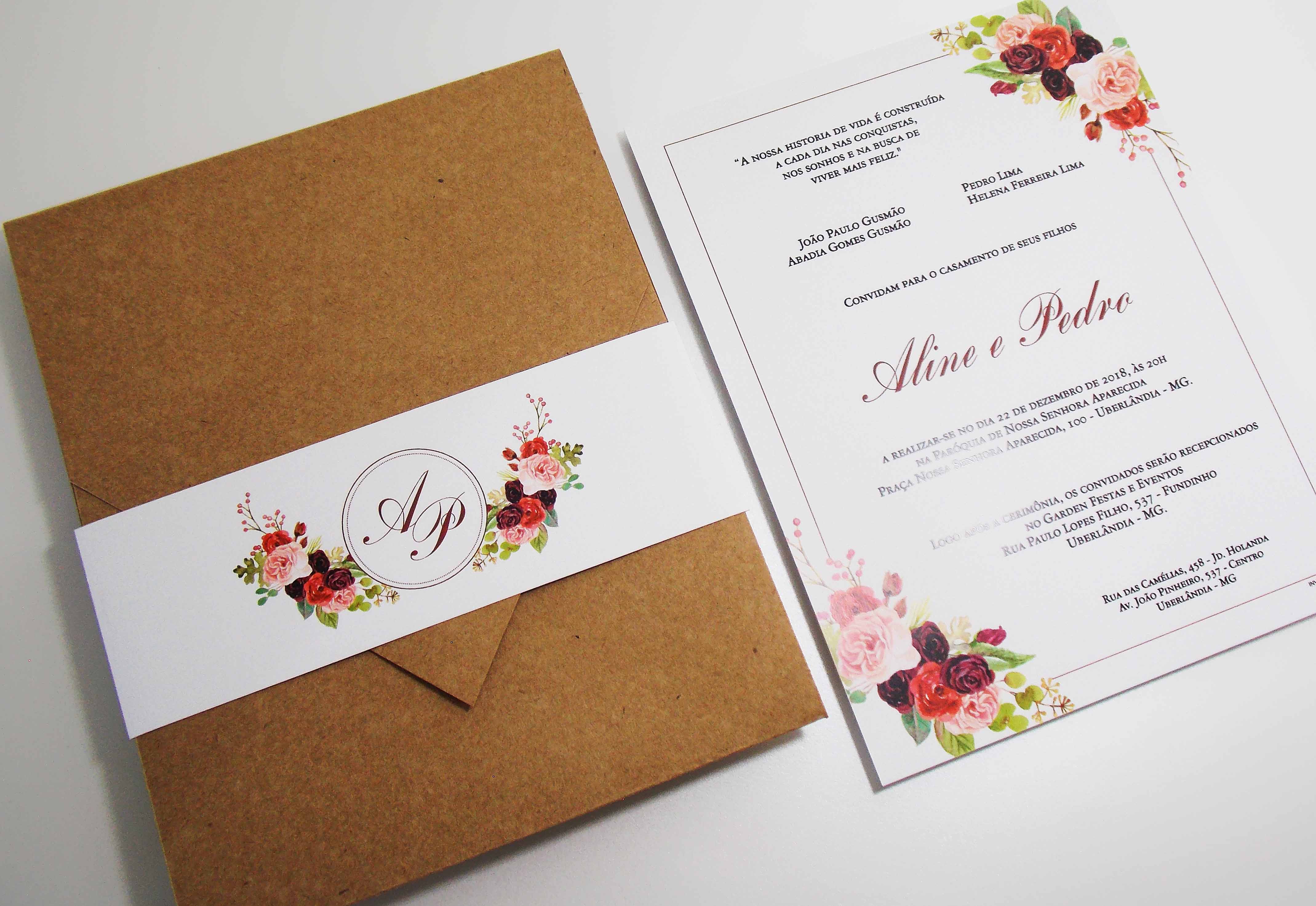 Convite de casamento floral com lacre em faixa de papel