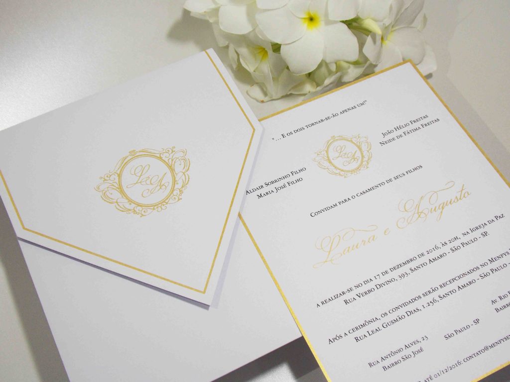 Convite de Casamento Branco e Dourado